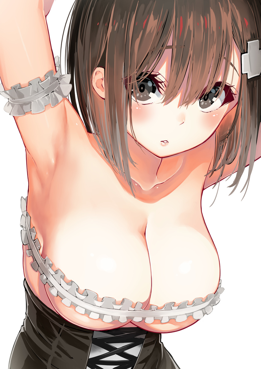 absurdres arm_garter armpits arms_up bandeau bare_shoulders black_dress black_eyes bra breastless_clothes breasts brown_eyes brown_hair cleavage collarbone corset cross-laced_clothes dress frilled_bra frills from_above hair_between_eyes hair_ornament hairclip highres kawakami_masaki large_breasts lips looking_at_viewer micro_bra original parted_lips ponkotsu_musume_no_nichijou revealing_clothes short_hair simple_background solo underboob underbust underwear upper_body white_background