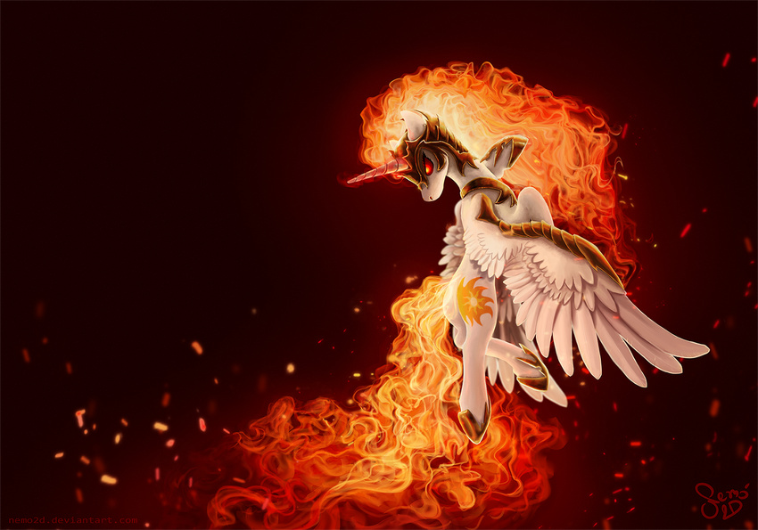 cutie_mark daybreaker_(mlp) equine feathered_wings feathers female feral fire flaming_hair hair horn mammal my_little_pony nemo2d simple_background solo white_feathers winged_unicorn wings