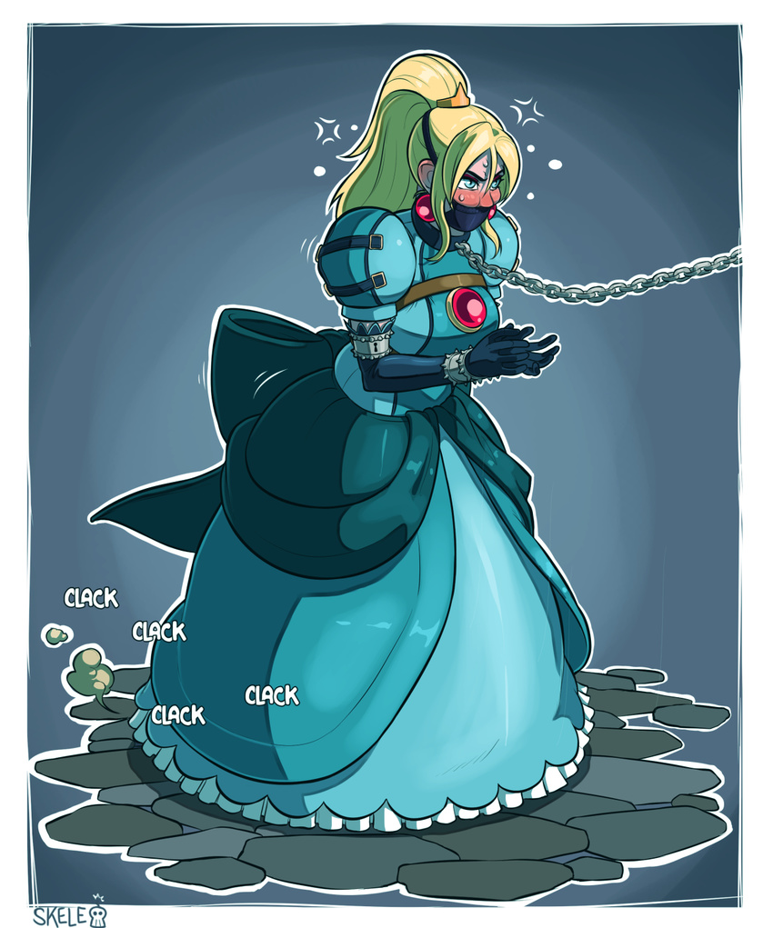 adapted_costume angry bdsm blonde_hair blue_dress blue_eyes blush bound bound_wrists breasts chain commentary dress earrings elbow_gloves full_body gag gagged gem gloves high_ponytail highres jewelry large_breasts leash long_hair mario_(series) metroid panel_gag puffy_sleeves samus_aran skelebomb solo stone_floor super_mario_bros. sweatdrop zero_suit