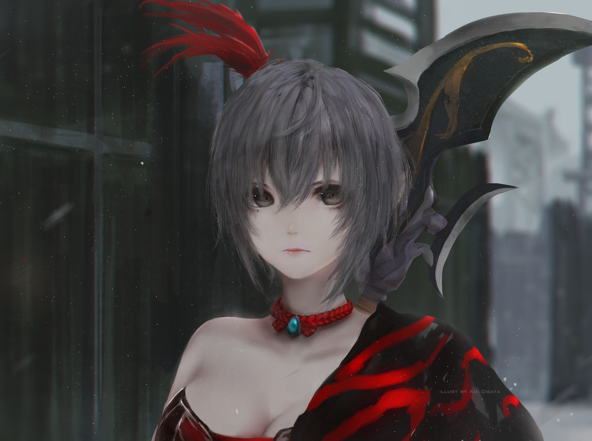 absurdres aoi_ogata artist_name bangs black_eyes breasts building choker cleavage closed_mouth grey_hair grey_sky hair_between_eyes highres large_breasts looking_at_viewer lu_lingqi outdoors red_choker red_lips shin_sangoku_musou shin_sangoku_musou_8 short_hair solo upper_body