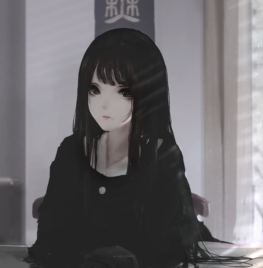 absurdres aoi_ogata artist_name black_eyes black_hair black_shirt closed_mouth day expressionless highres indoors kiraiko long_hair looking_at_viewer original pale_skin shirt solo sunlight window