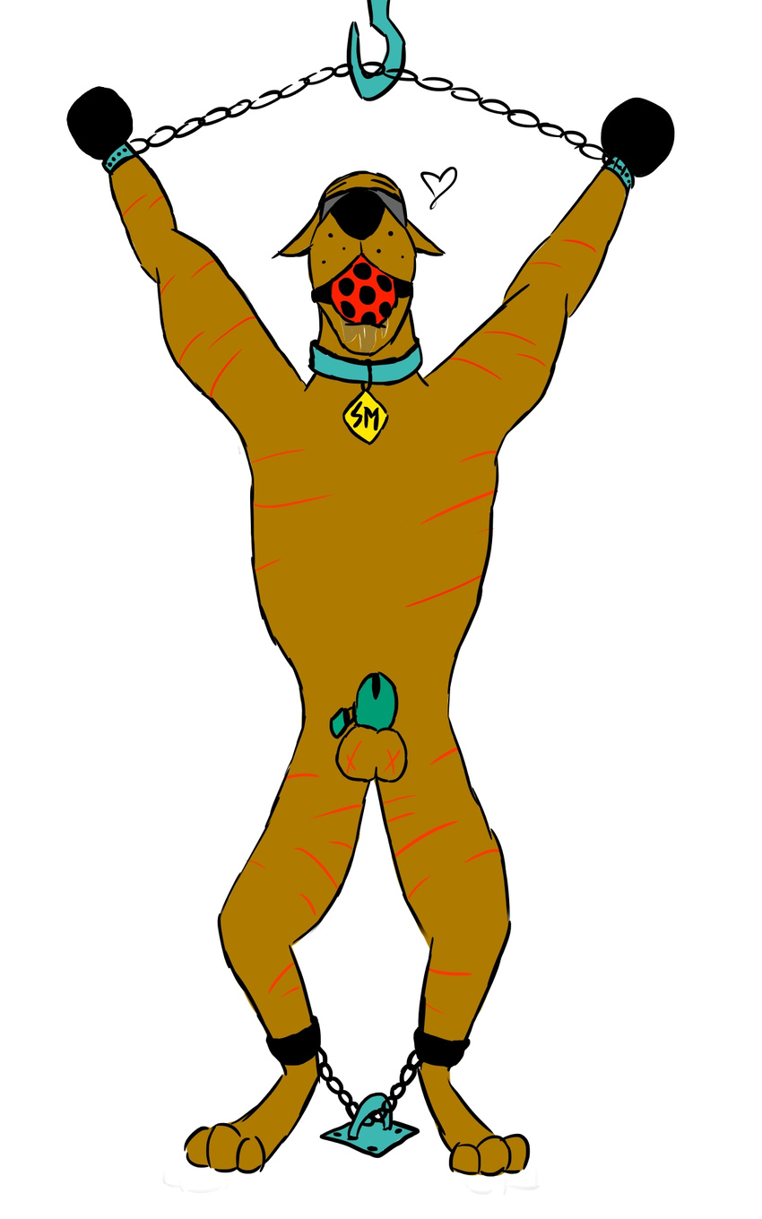 ball_gag balls bdsm blindfold bondage bondage_gloves bound chastity chastity_cage drooling gag male penis saliva scooby-doo scooby-doo_(series) simple_background solo torture whip_marks white_background