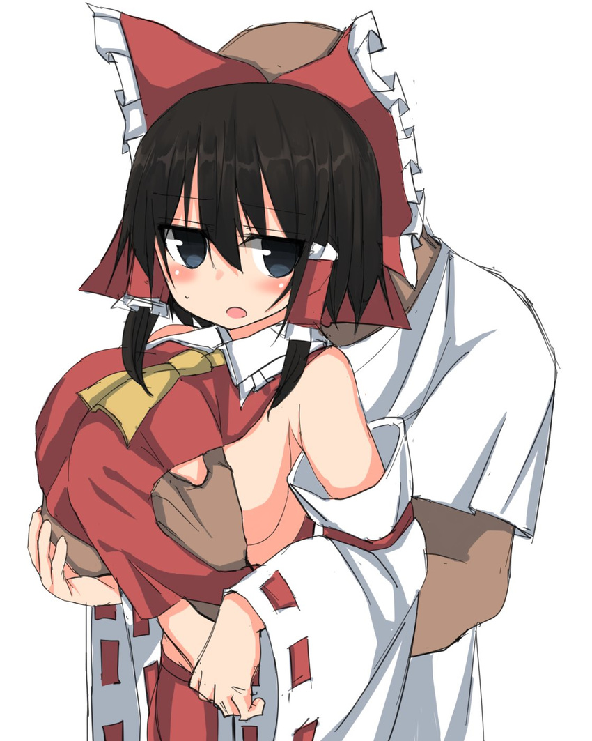 1girl ascot bald bangs black_hair blush bow breast_grab breasts commentary_request crop_top dark_skin dark_skinned_male detached_sleeves eyebrows_visible_through_hair golgi_hon grabbing grabbing_from_behind hair_bow hair_tubes hakurei_reimu hetero highres large_breasts long_hair lowleg_skirt open_mouth red_bow ribbon-trimmed_sleeves ribbon_trim shirt short_hair short_sleeves sidelocks simple_background sweat touhou upper_body white_background white_shirt wide_sleeves