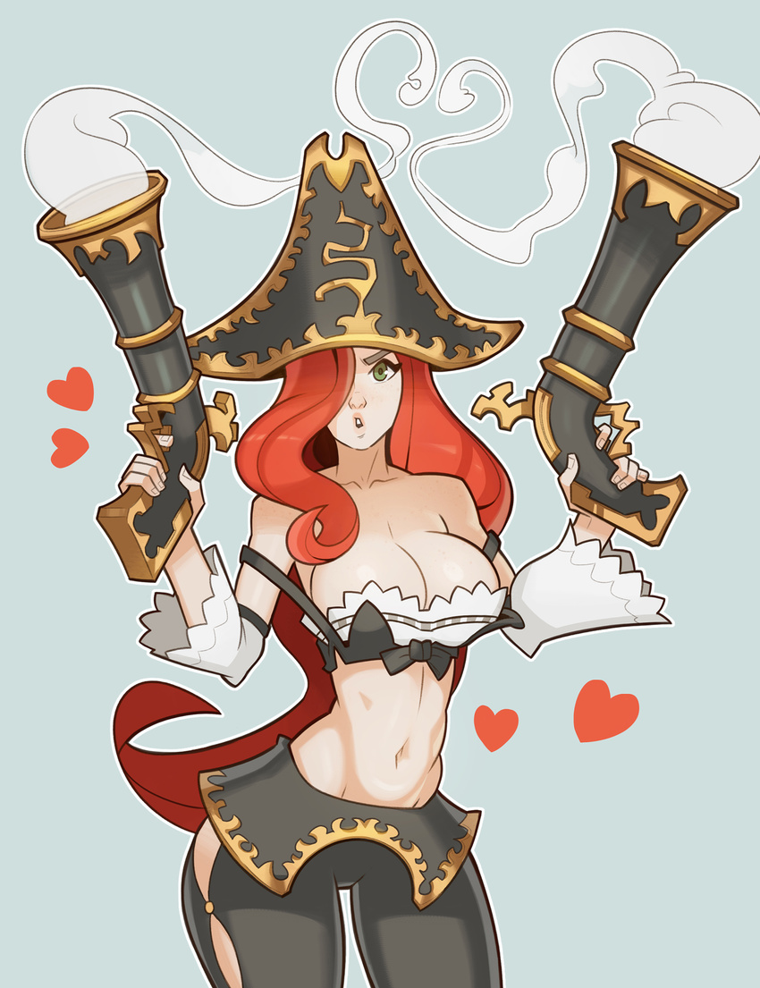 antique_firearm blue_background breasts cleavage dual_wielding firearm firelock flintlock green_eyes groin gun hair_over_one_eye hat heart highres holding large_breasts league_of_legends looking_at_viewer midriff navel parted_lips pirate_hat red_hair sarah_fortune simple_background solo splashbrush thighs weapon