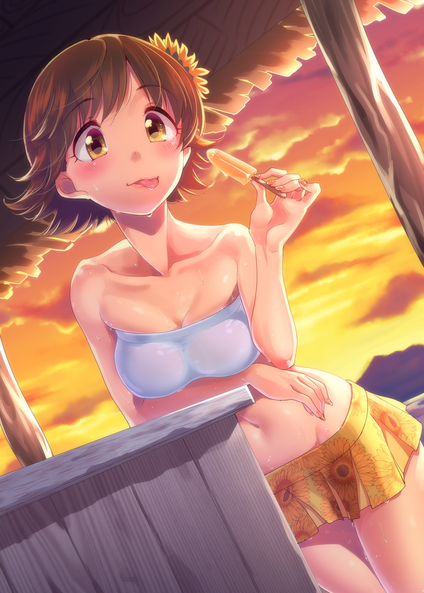 absurdres blush breasts brown_hair cleavage collarbone eyebrows_visible_through_hair food highres holding holding_food honda_mio idolmaster idolmaster_cinderella_girls large_breasts looking_at_viewer maru_(sara_duke) navel popsicle short_hair smile solo tongue tongue_out yellow_eyes