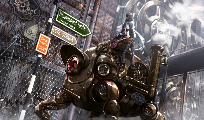 aqua_hair bell boots brick building chain-link_fence collared_shirt commentary cravat cross-laced_footwear day dress dutch_angle fence gauge gears hat lace-up_boots lamppost looking_at_viewer mecha_musume mechanical_arms mechanical_eye mechanical_hand mechanical_legs open_mouth original outdoors red_eyes road_sign robot ryosios shirt sign silver_hair sitting smoke smokestack solo steampunk steampunk_girl_(ryosios) top_hat wind