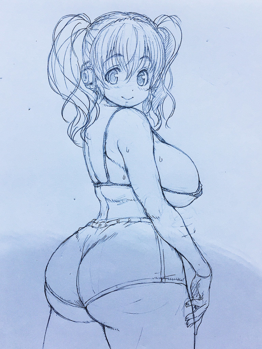 ass bikini_top breasts cowboy_shot eyebrows_visible_through_hair headphones highres large_breasts looking_at_viewer looking_back micro_bikini_top monochrome nitroplus plump short_shorts short_twintails shorts sketch smile solo super_pochaco sweatdrop traditional_media tsuji_santa twintails