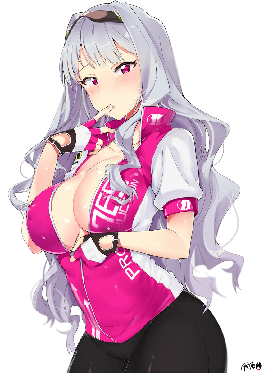 absurdres artist_name bangs bike_jersey bike_shorts black_shorts blunt_bangs blush breasts cleavage clothes_writing collarbone covered_nipples cowboy_shot eyewear_on_head finger_sucking finger_to_mouth fingerless_gloves gloves highres idolmaster idolmaster_(classic) idolmaster_million_live! large_breasts long_hair looking_at_viewer no_bra purple_eyes shijou_takane shiny shiny_clothes shiny_skin short_sleeves shorts silver_hair simple_background skin_tight solo sportswear standing sunglasses sweat tuxedo_de_cat unzipping wavy_hair white_background zipper