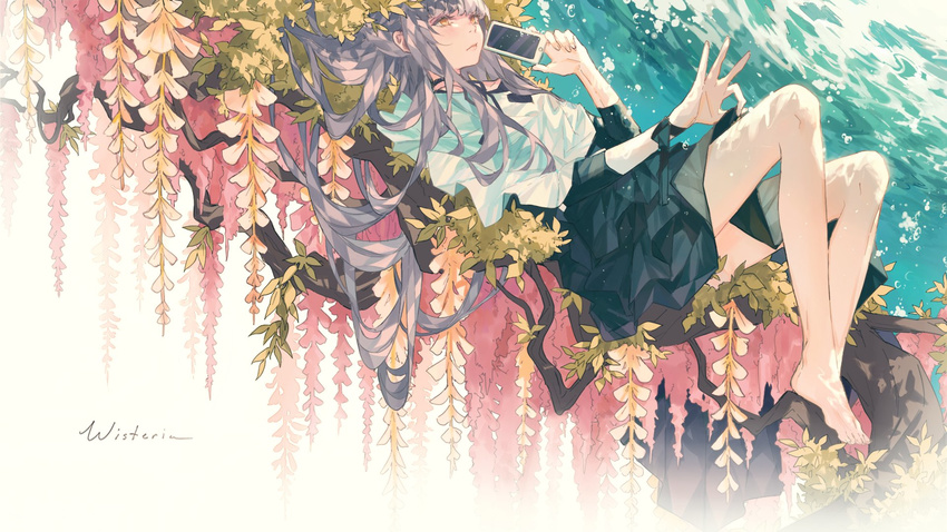 barefoot black_skirt cellphone commentary flower highres holding holding_phone in_tree kanekiru lavender_hair long_hair lying ok_sign on_back original phone shirt simple_background skirt smartphone solo tree water white_background white_shirt wisteria yellow_eyes