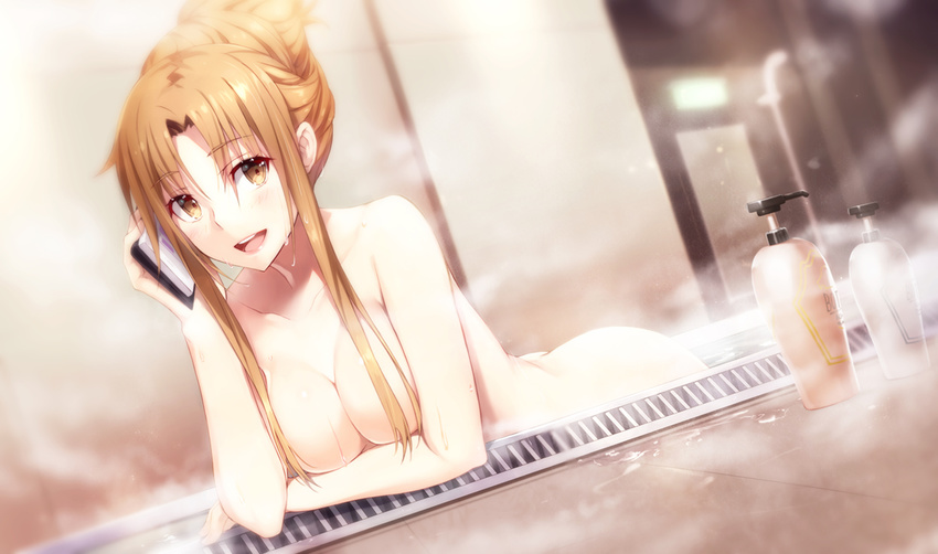 :d all_fours arched_back arm_support ass asuna_(sao) bangs bath bathing bathroom breast_rest breast_squeeze breasts brown_eyes brown_hair cellphone collarbone drain_(object) eyebrows_visible_through_hair eyes_visible_through_hair fog gabiran hair_bun hair_censor hair_up hand_up holding holding_phone indoors long_hair looking_at_viewer medium_breasts nude open_mouth parted_bangs partially_submerged phone shampoo_bottle smartphone smile solo sword_art_online talking_on_phone teeth water wet
