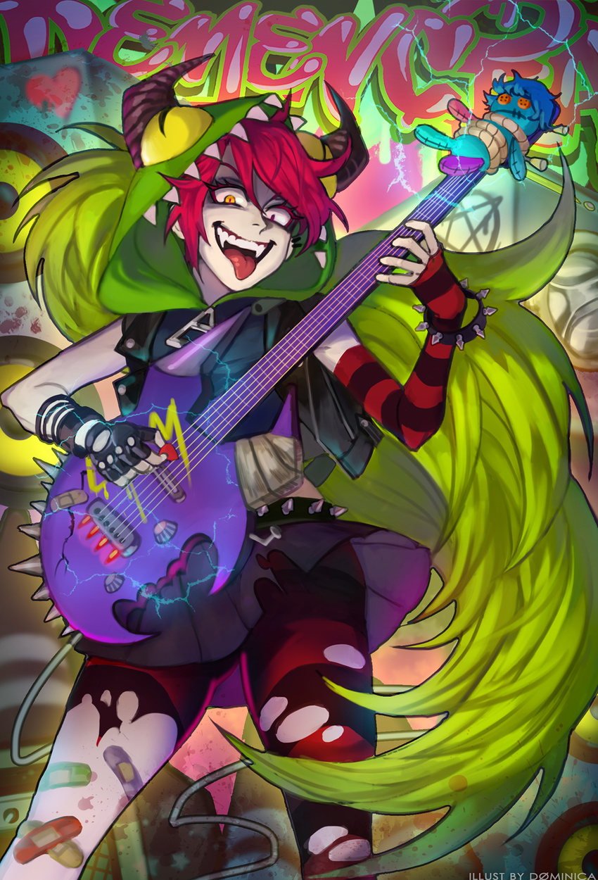 1girl crazy_eyes crazy_smile dementia guitar long_hair looking_at_viewer multicolored_hair sharp_teeth single_thighhigh skirt striped striped_legwear striped_socks thighhighs very_long_hair villainous