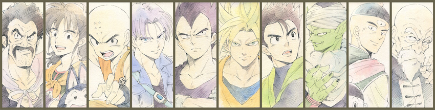 absurdres agahari bald beard black_border black_eyes black_hair blonde_hair border cape chaozu commentary_request crossed_arms dougi dragon_ball dragon_ball_(classic) dragon_ball_z eyebrows_visible_through_hair facial_hair fighting_stance gloves green_eyes green_skin highres jacket kuririn long_hair looking_at_viewer male_focus mr._satan multiple_boys mustache muten_roushi namek open_mouth piccolo puar purple_hair serious short_hair smile son_gohan son_gokuu spiked_hair super_saiyan tenshinhan third_eye traditional_media trunks_(dragon_ball) vegeta white_hair yamcha