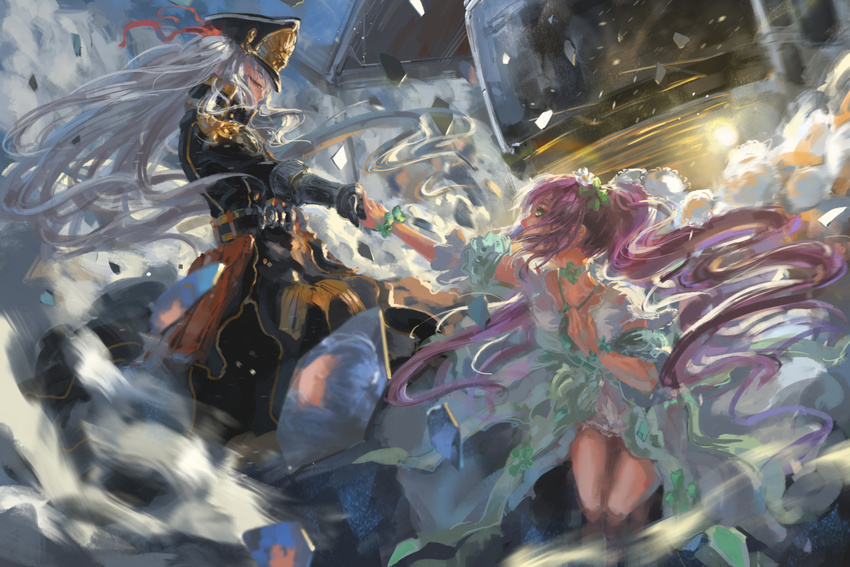 altair_(re:creators) gloves green_eyes hand_on_own_chest hat highres holding_hands long_hair looking_at_another looking_down looking_up military military_uniform multiple_girls pink_hair re:creators red_eyes shirotsumekusa_(re:creators) silver_hair song_ren twintails uniform wind
