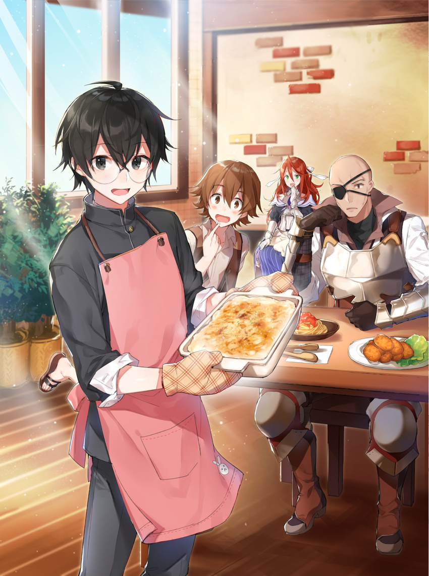 3boys apron armor bald bangs black_eyes black_hair blush breastplate brown_eyes brown_hair casserole commentary_request cover cover_page croquette day eyebrows_visible_through_hair food glasses green_eyes highres indoors light_rays long_hair looking_at_another looking_at_viewer multiple_boys novel_cover open_clothes open_mouth open_vest oven_mitts parted_lips pasta plant potted_plant restaurant rimless_eyewear saikyou_no_kanteishi_tte_dare_no_koto? school_uniform shirako_miso sitting smile standing sunbeam sunlight tongs vambraces vest