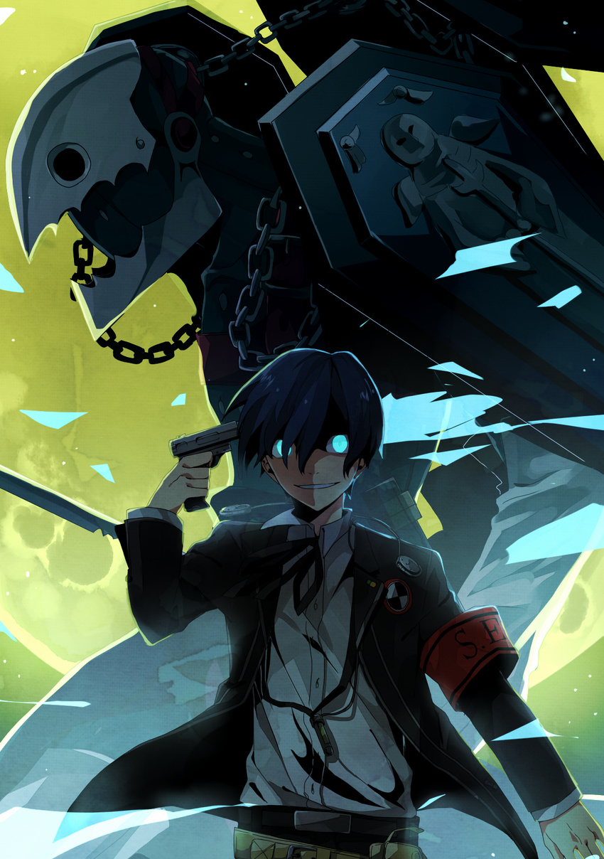 armband belt black_jacket black_ribbon blue_eyes blue_hair dress_shirt full_moon grey_shirt grin gun hair_between_eyes highres holding holding_gun holding_weapon jacket junjam looking_at_viewer moon neck_ribbon open_clothes open_jacket outdoors persona persona_3 ribbon shirt smile standing thanatos uniform upper_body weapon yuuki_makoto