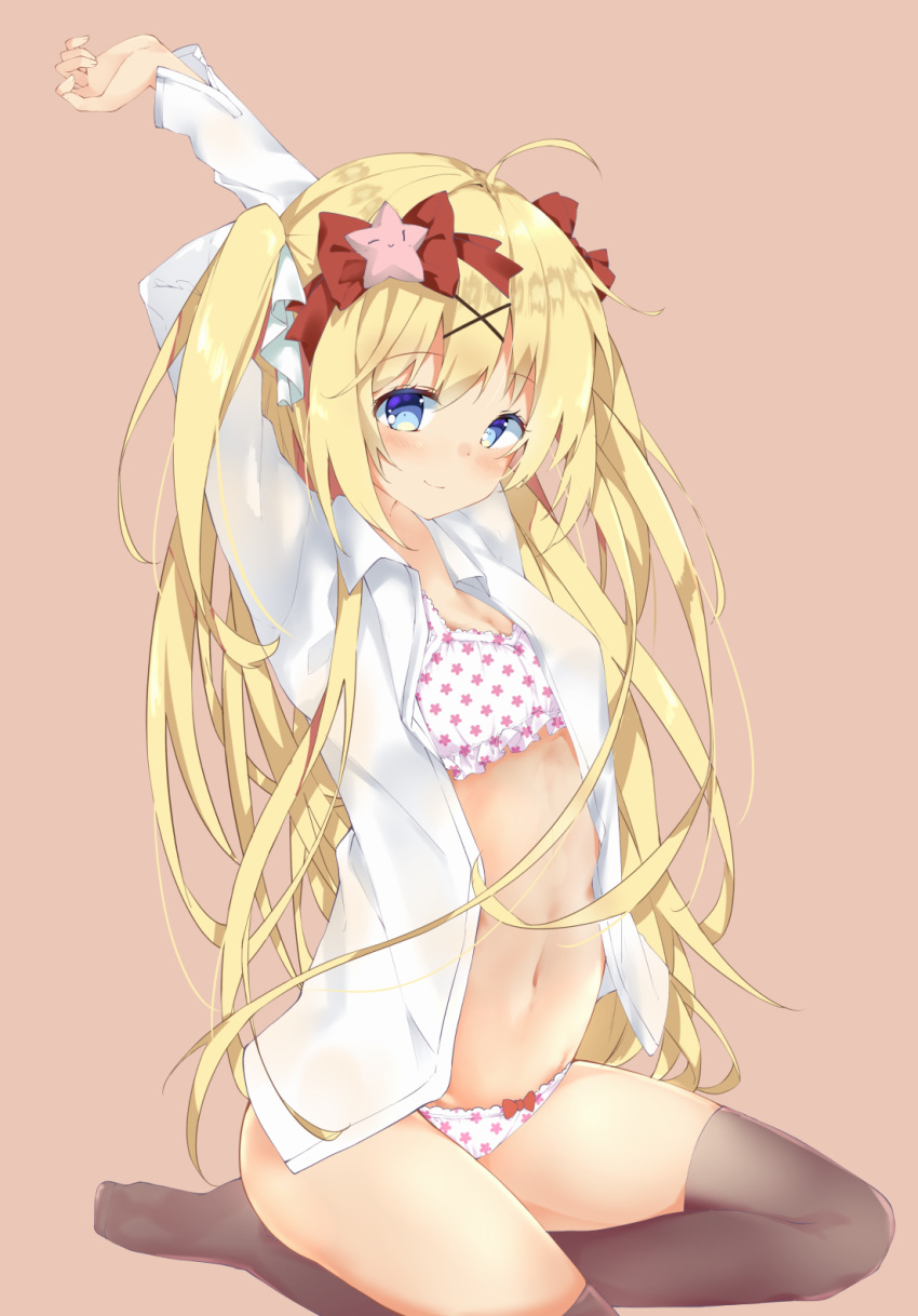 1girl ahoge arms_up bangs blonde_hair blue_eyes blush bow bow_panties bra breasts brown_background brown_legwear cleavage closed_mouth collared_shirt copyright_request eyebrows_visible_through_hair hair_between_eyes hair_bow hair_ornament head_tilt highres long_hair long_sleeves navel no_shoes open_clothes open_shirt panties print_bra print_panties red_bow seiza shiraki_shiori shirt sidelocks simple_background sitting small_breasts smile solo star stomach stretch thighhighs thighs two_side_up underwear very_long_hair white_bra white_panties white_shirt x_hair_ornament