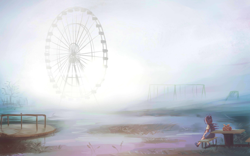 bench blue_bow blue_hair bow cirno commentary facing_away ferris_wheel fog hair_bow highres looking_away scenery short_hair sitting solo swing_set table touhou yoruny