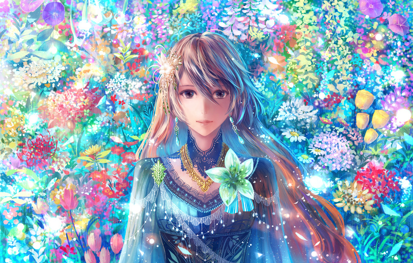 brooch brown_eyes brown_hair colorful dress earrings flower hair_flower hair_ornament jewelry light_particles lips long_hair looking_at_viewer original sakimori_(hououbds) solo texture upper_body