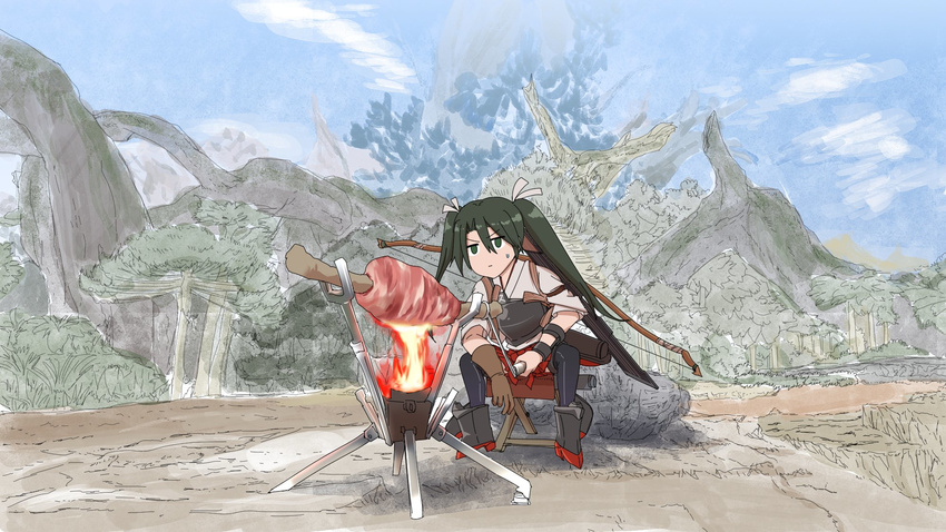 black_legwear blue_sky bow_(weapon) bush commentary cooking day fire food full_body gloves green_eyes green_hair hair_between_eyes hair_ribbon hakama_skirt highres japanese_clothes kantai_collection kimono long_hair meat miniskirt monster_hunter monster_hunter:_world muneate outdoors parody pleated_skirt quiver radia red_skirt ribbon rudder_shoes single_glove sitting skirt sky solo sweatdrop tasuki thighhighs tree twintails weapon white_ribbon zuikaku_(kantai_collection)