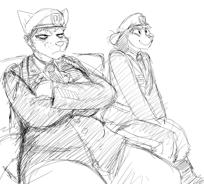 annoyed anthro army beret big_breasts black_and_white bored breasts canine clothed clothing dog duo english_text female fox happy hat hladilnik mammal military monochrome officer peggy_patterson samantha_thott simple_background slightly_chubby soldier text uniform wide_hips