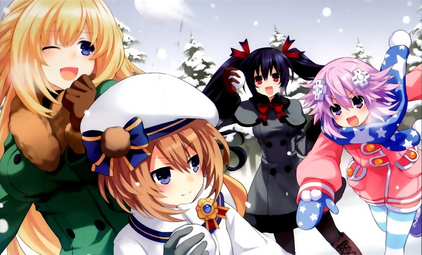 black_hair blanc blonde_hair blue_eyes blush breasts brown_hair d-pad d-pad_hair_ornament hair_ornament highres long_hair medium_breasts multiple_girls neptune_(choujigen_game_neptune) neptune_(series) noire purple_eyes purple_hair red_eyes scarf short_hair skirt snow snowball snowball_fight source_request tree tsunako twintails vert