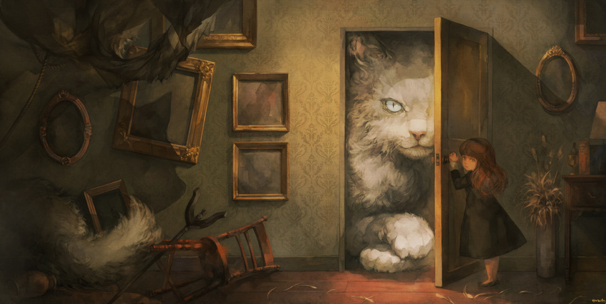 animal black_dress brown_hair cat chair child dark desk door dress indoors long_hair looking_to_the_side original oversized_animal painting_(object) plant potted_plant scenery shadow signature slit_pupils surreal wallpaper_(object) whiskers wooden_floor yoshioka_(haco)