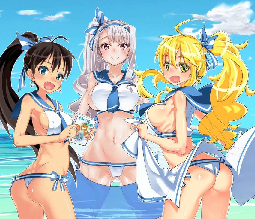 :d ass ass_visible_through_thighs asymmetrical_bangs bangs black_hair blonde_hair blue_eyes bow breasts covered_nipples cowboy_shot day fang ganaha_hibiki hair_bow hairband heart heart-shaped_pupils heart_in_mouth highres hoshii_miki idolmaster idolmaster_(classic) kokugo large_breasts long_hair looking_at_viewer looking_back medium_breasts multiple_girls navel ocean open_mouth pink_eyes ponytail project_fairy sailor_collar sailor_swimsuit_(idolmaster) shijou_takane side_ponytail sideboob silver_hair sky smile symbol-shaped_pupils thong tongue very_long_hair wading water wavy_hair yellow_eyes