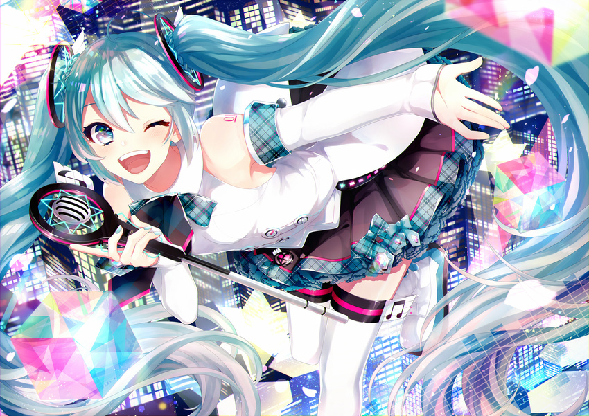 aqua_eyes aqua_hair beamed_eighth_notes blush breasts building city detached_sleeves eighth_note eyelashes frilled_skirt frills gari_(apollonica) hair_ornament hatsune_miku highres holding holding_microphone light_particles long_hair looking_at_viewer magical_mirai_(vocaloid) medium_breasts microphone musical_note nail_polish one_eye_closed open_mouth petals shiny shiny_hair skirt skyscraper smile solo thighhighs twintails very_long_hair vocaloid