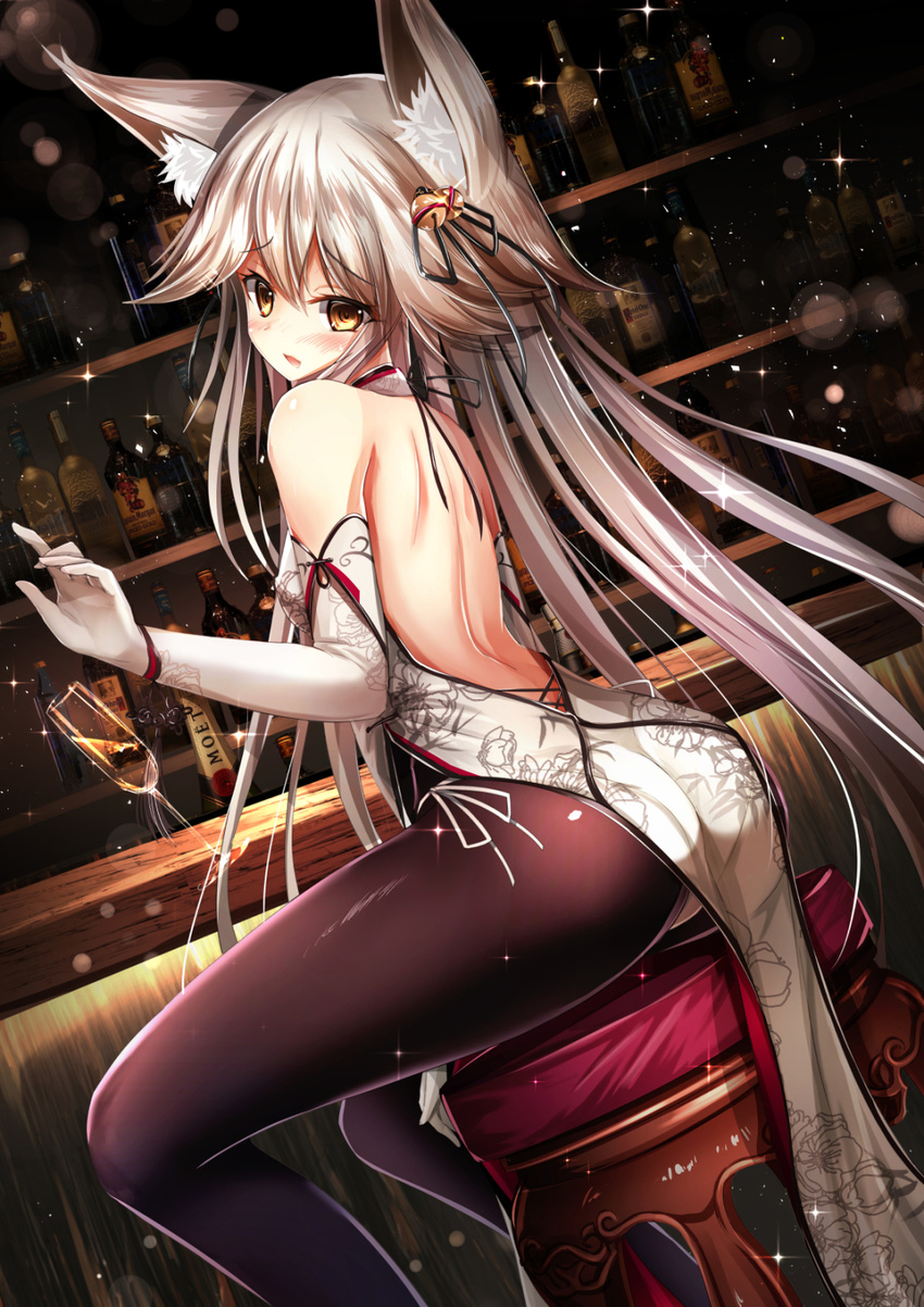alcohol animal_ears ass back backless_dress backless_outfit bangs bar bar_stool bare_back bare_shoulders bell black_legwear blush bottle brown_eyes champagne_flute chinese_clothes cup detached_sleeves dress drink drinking_glass elbow_gloves feet_out_of_frame flipped_hair fox_ears from_behind gloves haguruma_(hagurumali) hair_bell hair_ornament hair_ribbon halterneck highres jingle_bell legs light_particles long_hair looking_at_viewer looking_back md5_mismatch open_mouth original pantyhose ribbon shelf side_slit sitting solo sparkle spilling stool very_long_hair white_gloves