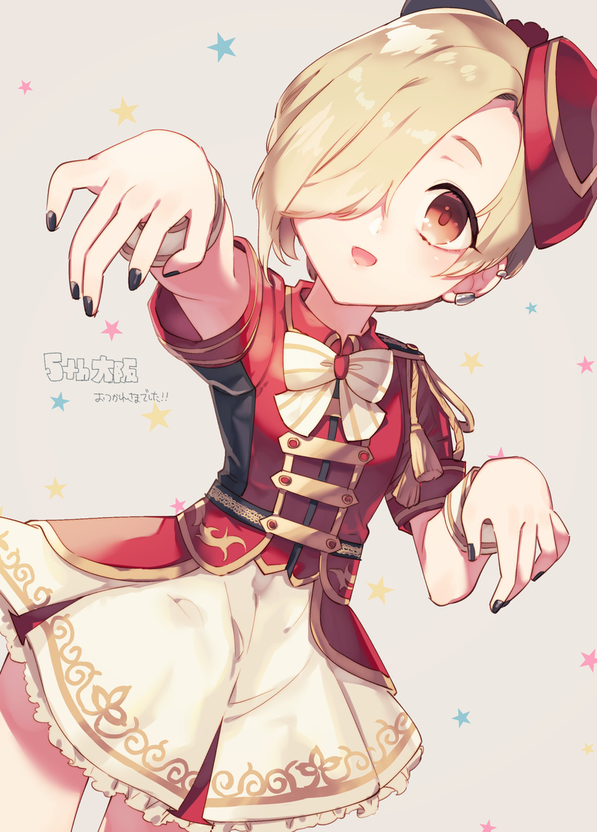 beret black_nails blonde_hair blush brown_eyes commentary_request dress ear_piercing epaulettes frills hair_over_one_eye hat hazuki_mizuho highres idol idolmaster idolmaster_cinderella_girls looking_at_viewer nail_polish open_mouth outstretched_arms piercing ribbon shirasaka_koume short_hair simple_background smile solo star starry_background translated wristband zombie_pose