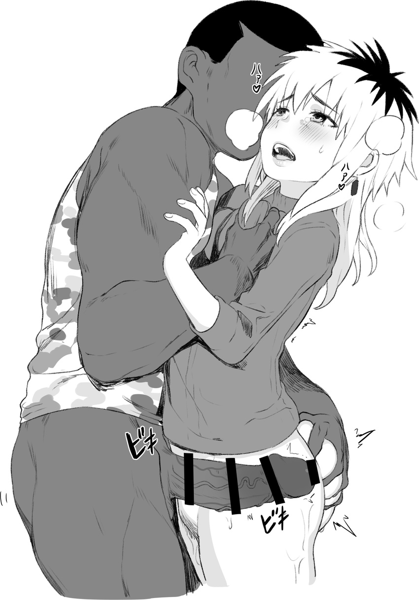 1girl absurdres amanekuu ass_grab blush breast_grab cheating commentary_request dark_skin dark_skinned_male grabbing greyscale hetero highres interracial ishida_miyako koe_no_katachi monochrome multicolored_hair pedro_(koe_no_katachi) penis tank_top