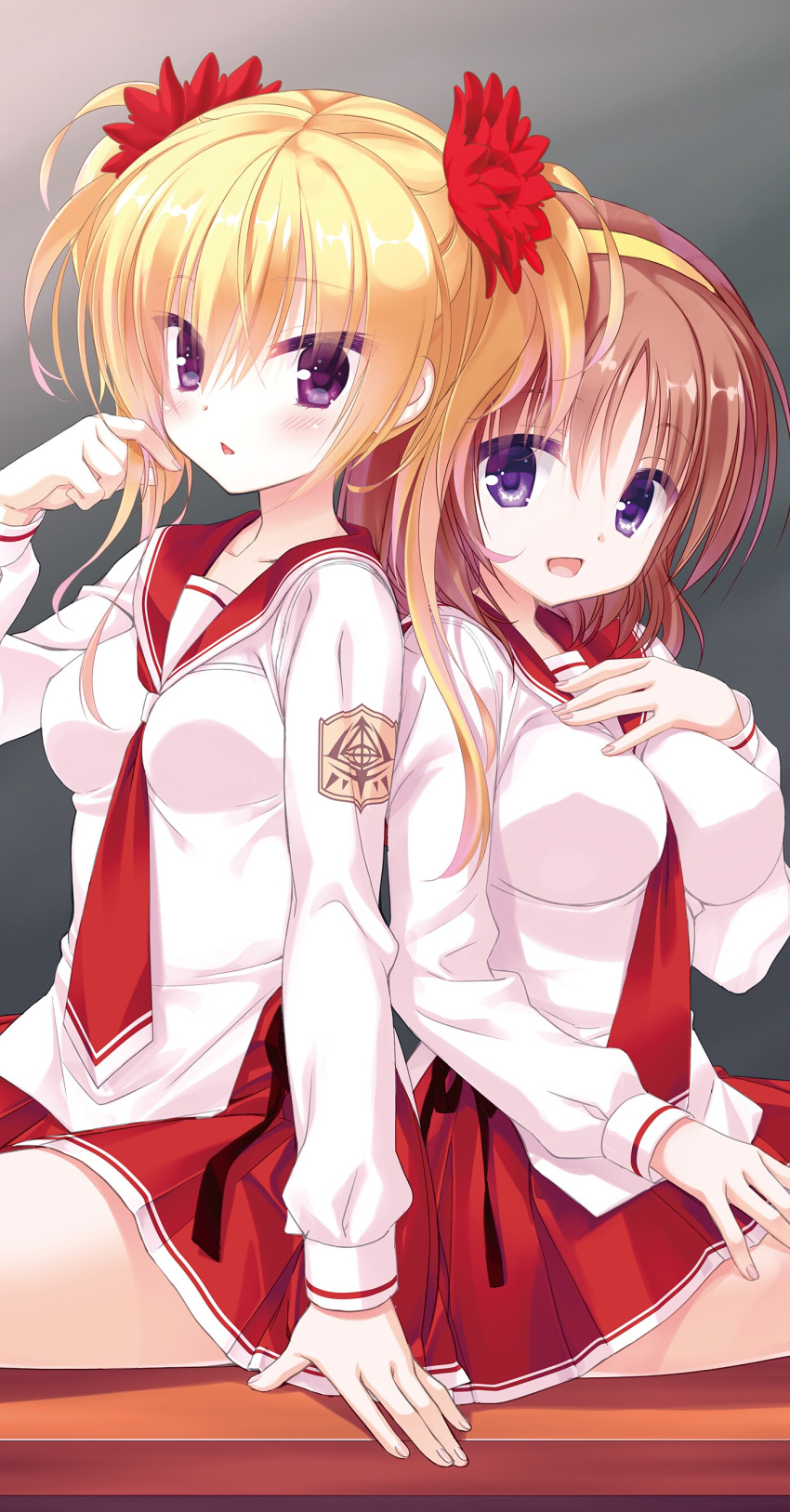 2girls :d absurdres back-to-back blonde_hair bow breasts brown_hair eyebrows_visible_through_hair flower hair_between_eyes hair_bow hair_flower hair_ornament hairband hidan_no_aria highres indoors kobuichi large_breasts long_hair long_sleeves looking_at_viewer medium_breasts mine_riko miniskirt multiple_girls necktie novel_illustration official_art open_mouth pleated_skirt purple_eyes red_flower red_neckwear red_sailor_collar red_skirt sailor_collar shiny shiny_hair shirt sitting skirt smile twintails white_shirt yellow_bow yellow_hairband