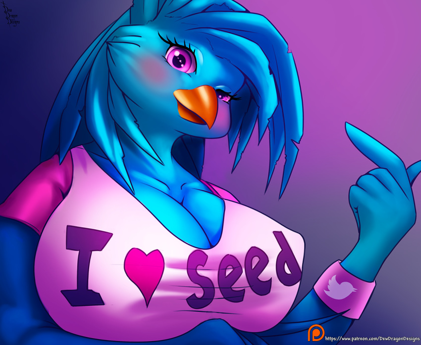 &lt;3 antho avian beak big_breasts bird blue_feathers blush bracelet breasts cleavage clothed clothing dew_dragon english_text feather_hands feathers female huge_breasts jewelry nipple_bulge pink_eyes shirt simple_background solo t-shirt text tweetfur twitter