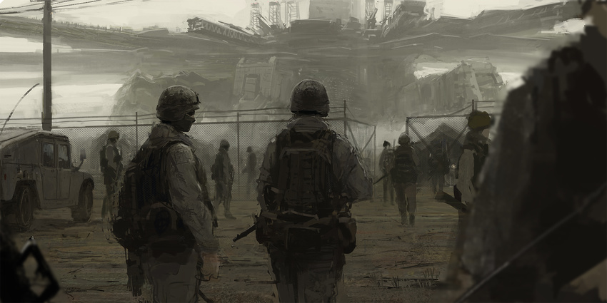 armored_core armored_core:_for_answer arms_fort backpack bad_id bad_pixiv_id bag blurry car chain-link_fence commentary_request depth_of_field fence fog from_behind ground_vehicle gun helmet highres humvee mecha motor_vehicle multiple_boys rifle shion_(mirudakemann) sketch sky soldier spirit_of_mother_will tent tower weapon