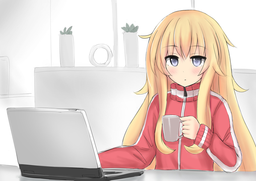 bangs blonde_hair blue_eyes blunt_bangs blush closed_mouth computer cup desk expressionless gabriel_dropout hide_the_pain_harold holding holding_cup jacket jitome karin260rs laptop long_hair meme messy_hair mug sitting solo tenma_gabriel_white track_jacket very_long_hair