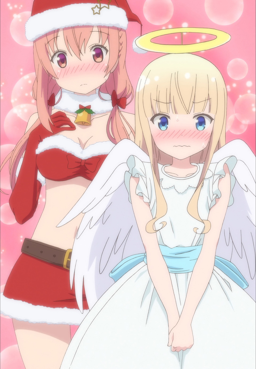 2girls angel_costume angel_wings bell_collar blonde_hair blue_eyes blush breasts brown_eyes brown_hair halo hiiragi_mayuki hinako_note large_breasts midriff sakuragi_hinako santa_costume santa_hat skirt small_breasts wings