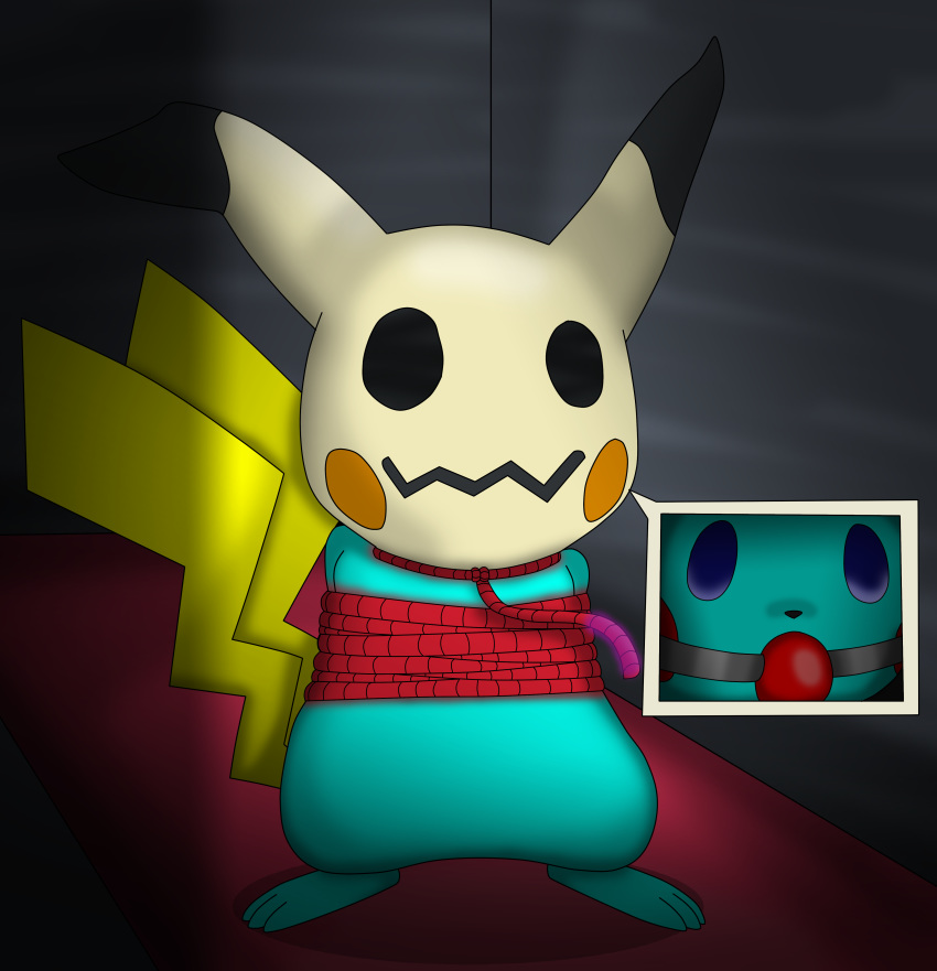 ball_gag bdsm bondage bound charly-sparks clothing gag gagged hi_res hooded hypnosis male mask mimikyu mind_control mindless nintendo pikachu pok&eacute;mon pok&eacute;mon_(species) rope solo trimint_the_pikachu video_games