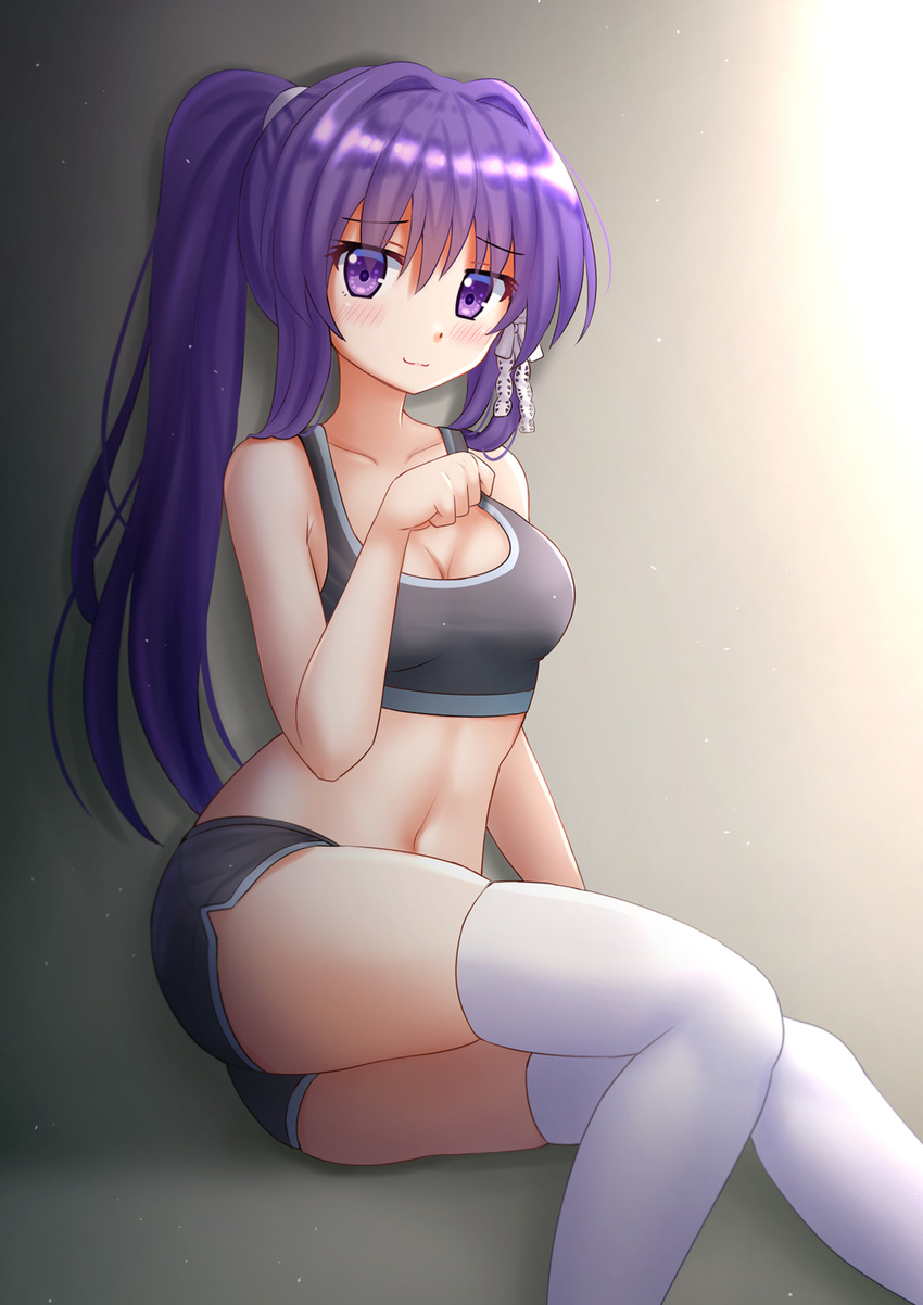 blush clannad fujibayashi_kyou long_hair ponytail purple_hair swimsuit violet_eyes