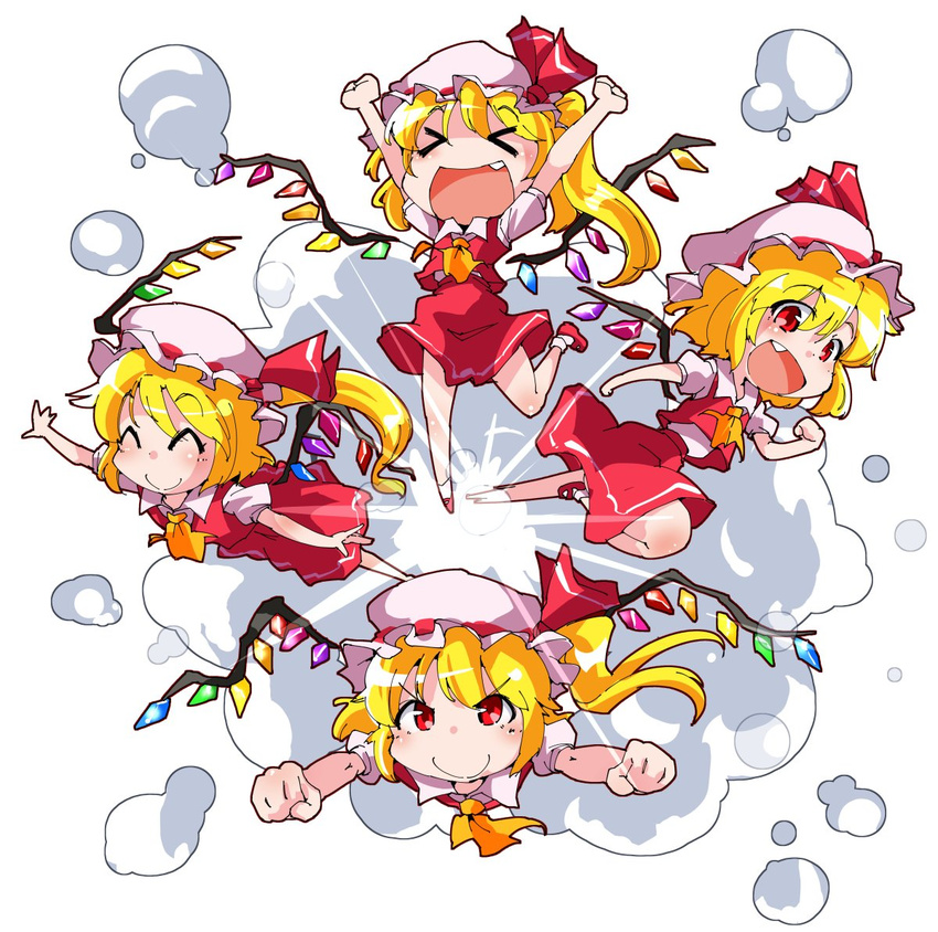 &gt;:) &gt;_&lt; :d ^_^ ascot blonde_hair bow closed_eyes crystal fang flandre_scarlet four_of_a_kind_(touhou) frills hat hat_bow hat_ribbon medium_hair mob_cap multiple_girls open_mouth puffy_short_sleeves puffy_sleeves red_eyes red_skirt red_vest ribbon shinapuu shirt short_hair short_sleeves side_ponytail skirt skirt_set smile touhou v-shaped_eyebrows vest white_shirt wings xd yellow_neckwear