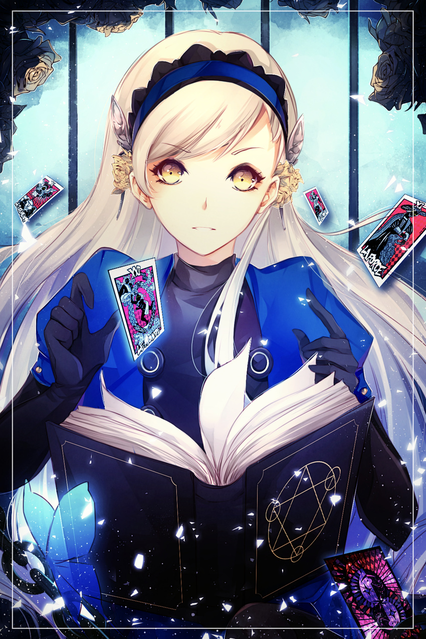 black_hair blonde_hair blue_hairband bug butterfly elbow_gloves gloves hairband headband highres insect lavenza long_hair mizury_ruru persona persona_5 spoilers yellow_eyes