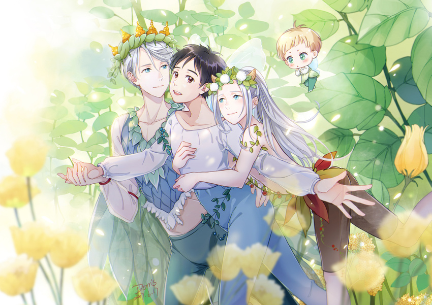 4boys artist_name black_hair blonde_hair blue_eyes blurry brown_eyes chibi child dated depth_of_field dorris dual_persona fairy_wings flower green_eyes head_wreath highres holding_hands horns hug katsuki_yuuri leaf male_focus multiple_boys open_mouth ponytail silver_hair smile teenage viktor_nikiforov wings younger yuri!!!_on_ice yuri_plisetsky