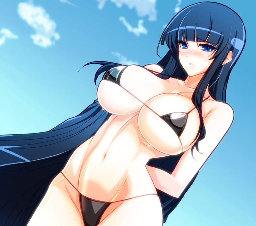 bangs bare_arms bare_shoulders bikini black_bikini black_hair blue_eyes blue_sky blunt_bangs blush breasts collarbone commentary_request cowboy_shot day groin ikaruga_(senran_kagura) large_breasts long_hair looking_at_viewer micro_bikini navel nose_blush outdoors parted_lips puropera_(puropera) senran_kagura senran_kagura_shoujo-tachi_no_shin'ei sidelocks sky smile solo stomach string_bikini sweat swimsuit very_long_hair