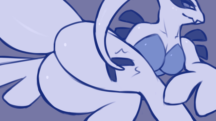 2017 anthro ass_slap big_butt breasts butt digital_media_(artwork) female hi_res legendary_pok&eacute;mon lugia napdust nintendo pok&eacute;mon scales simple_background smile solo video_games white_scales