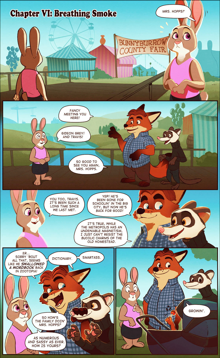 2017 anthro baby bonnie_hopps candy canine clothed clothing comic dialogue disney english_text female ferret food fox fur gideon_grey group lagomorph lollipop male mammal mistermead musical_note mustelid outside rabbit sign stroller text travis_(zootopia) young zootopia