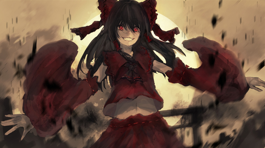 ascot black_hair bow commentary_request crazy_eyes crazy_smile detached_sleeves eyebrows_visible_through_hair floating_hair glowing glowing_eyes grin hair_between_eyes hair_bow hair_tubes hakurei_reimu highres kumamoto_nomii-kun long_hair looking_at_viewer m.u.g.e.n midriff_peek motion_blur navel onimiko outdoors outstretched_arms red_bow red_eyes red_skirt ribbon-trimmed_sleeves ribbon_trim skirt skirt_set smile solo spread_arms stomach sun touhou upper_body wide-eyed wide_sleeves