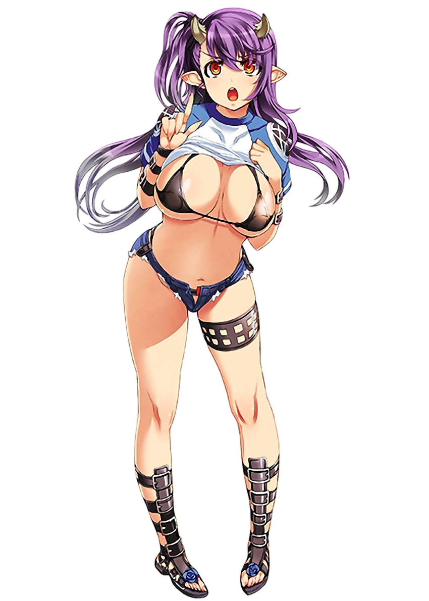 1girl :o bikini_top breasts cleavage demon_girl denim denim_shorts gradient gradient_background hair_ornament horns index_finger_raised large_breasts leviathan_(the_seven_deadly_sins) long_hair looking_at_viewer navel nishii_(nitroplus) no_legwear open_mouth pigeon-toed pointy_ears purple_hair red_eyes sandals shirt_lift short_shorts shorts side_ponytail simple_background solo teeth the_seven_deadly_sins