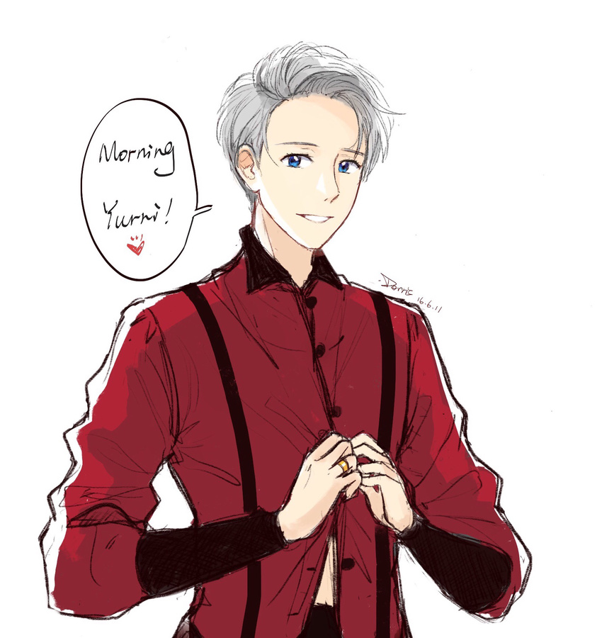 2016 2017 artist_name blue_eyes buttoning collared_shirt dated dorris dress_shirt dressing english grey_hair heart highres jewelry long_sleeves looking_at_viewer male_focus morning partially_unbuttoned red_shirt ring shirt silver_hair smile solo speech_bubble suspenders upper_body viktor_nikiforov white_background yuri!!!_on_ice