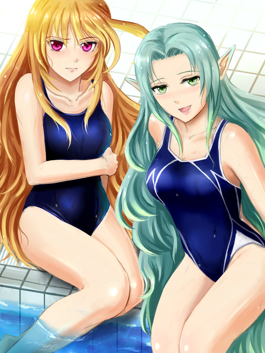 2girls blue_hair breasts brown_hair cleavage green_eyes milla_maxwell muzet_(tales) open_mouth pink_eyes pointy_ears swimsuit tales_of_(series) tales_of_xillia very_long_hair water