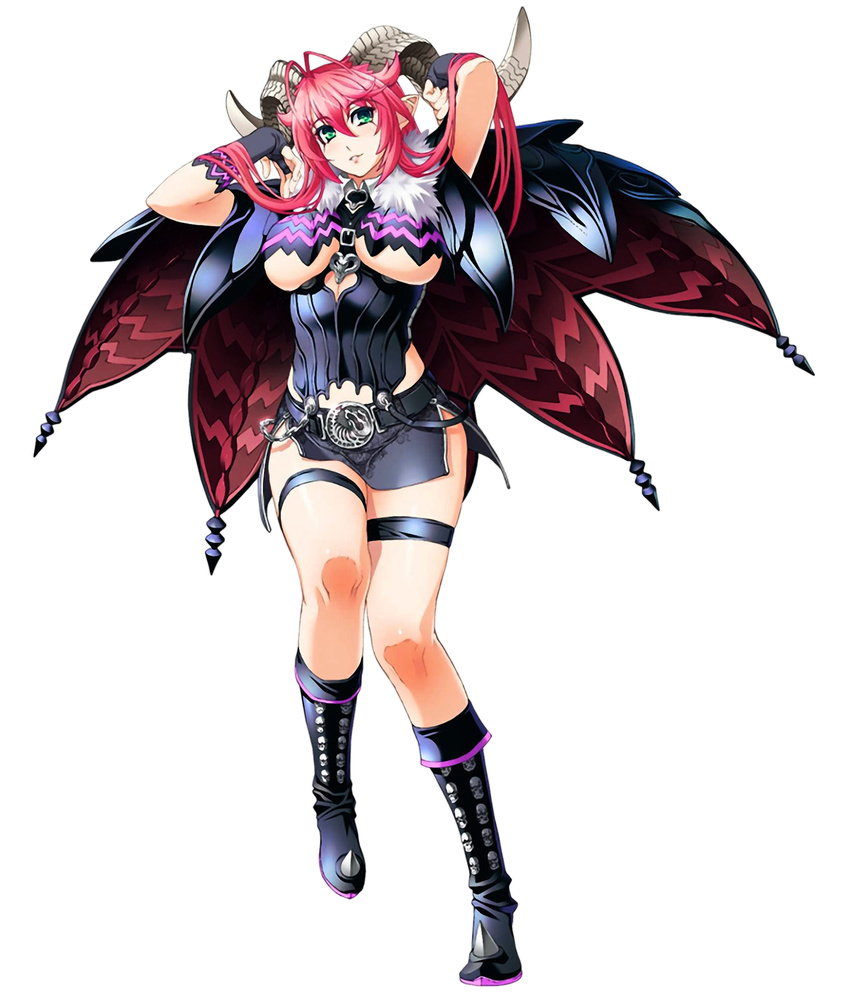 1girl arms_up asmodeus asmodeus_(the_seven_deadly_sins) belt boots breasts cape demon demon_girl demon_horns full_body green_eyes horns large_breasts long_hair miniskirt navel nishii_(nitroplus) pencil_skirt pink_hair pointy_ears simple_background skirt solo succubus tagme the_seven_deadly_sins underboob white_skin