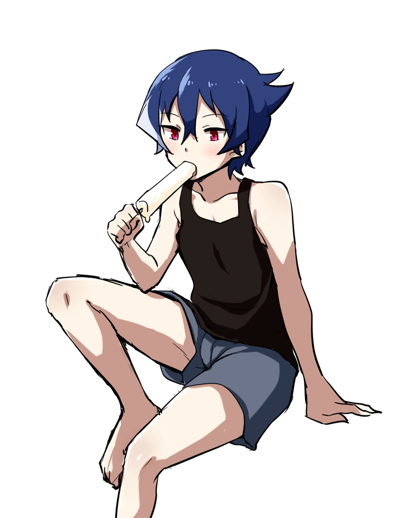 akiba's_trip akiba's_trip_the_animation arm_support barefoot black_shirt blue_hair boxers denkigai_tamotsu eating food funkunsan highres invisible_chair male_focus male_underwear multicolored_hair pink_eyes popsicle shirt simple_background sitting solo streaked_hair tank_top underwear white_background